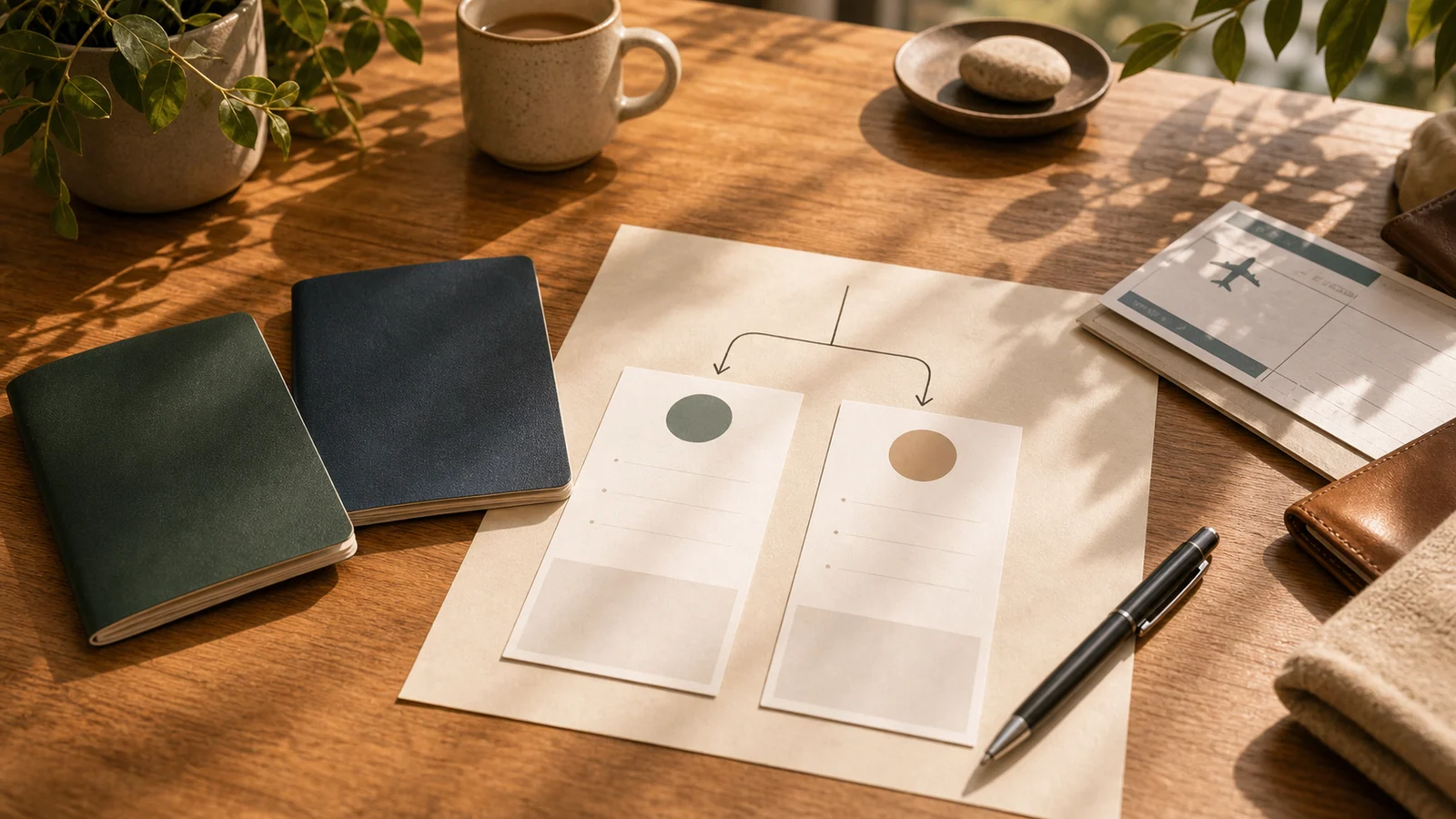 Warm planning desk with two passport-style booklets, two blank pathway cards, and a branching route diagram.