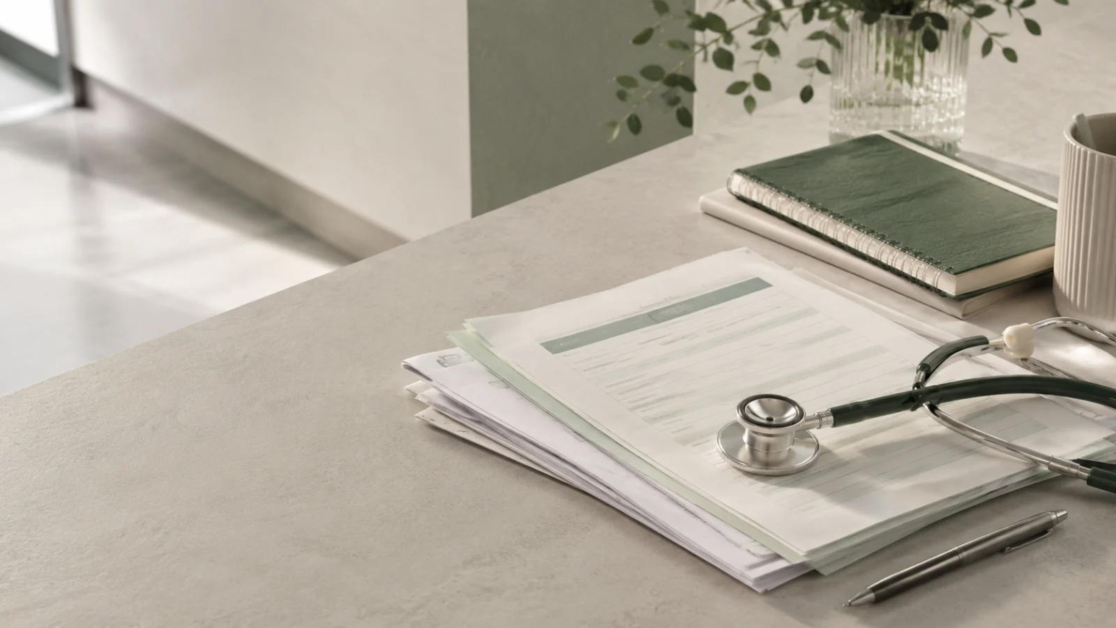 Editorial cover image showing nursing registration papers and a stethoscope on a clean desk.