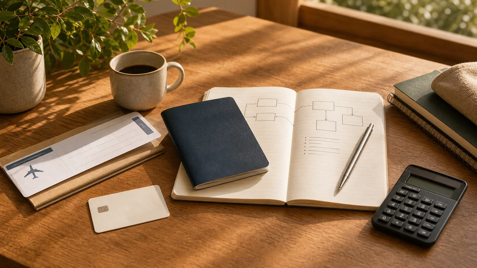 Warm desk with route-planning notes, calculator, blank health-cover card, and blue passport-style booklet.