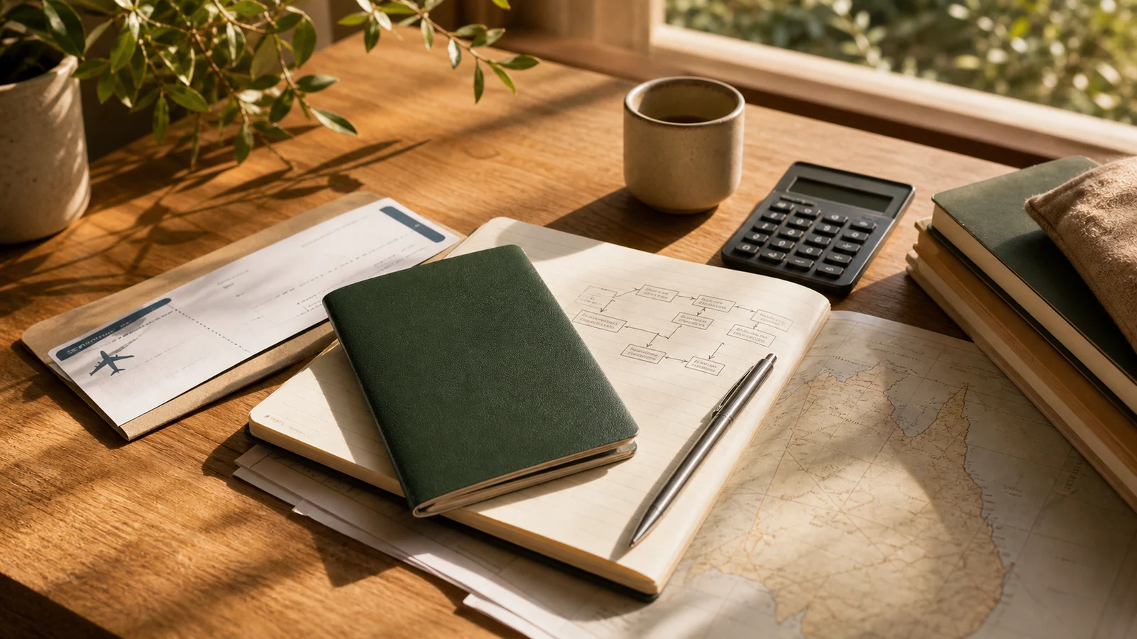 Warm desk with travel documents, route-planning notes, a calculator, and a green passport-style booklet.