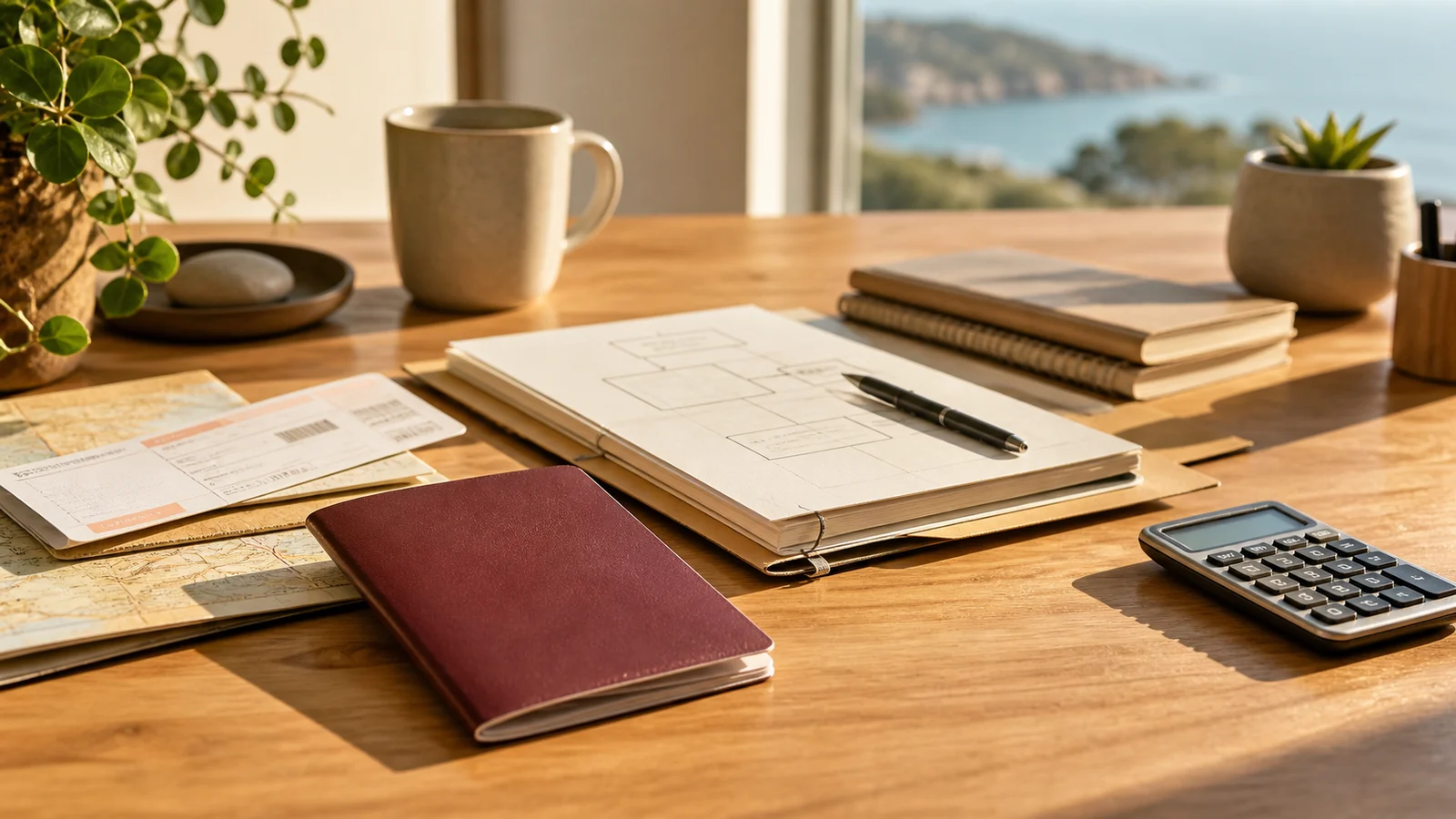 Sunlit desk with UK-style travel documents, route-planning notes, a calculator, and a burgundy passport-style booklet.