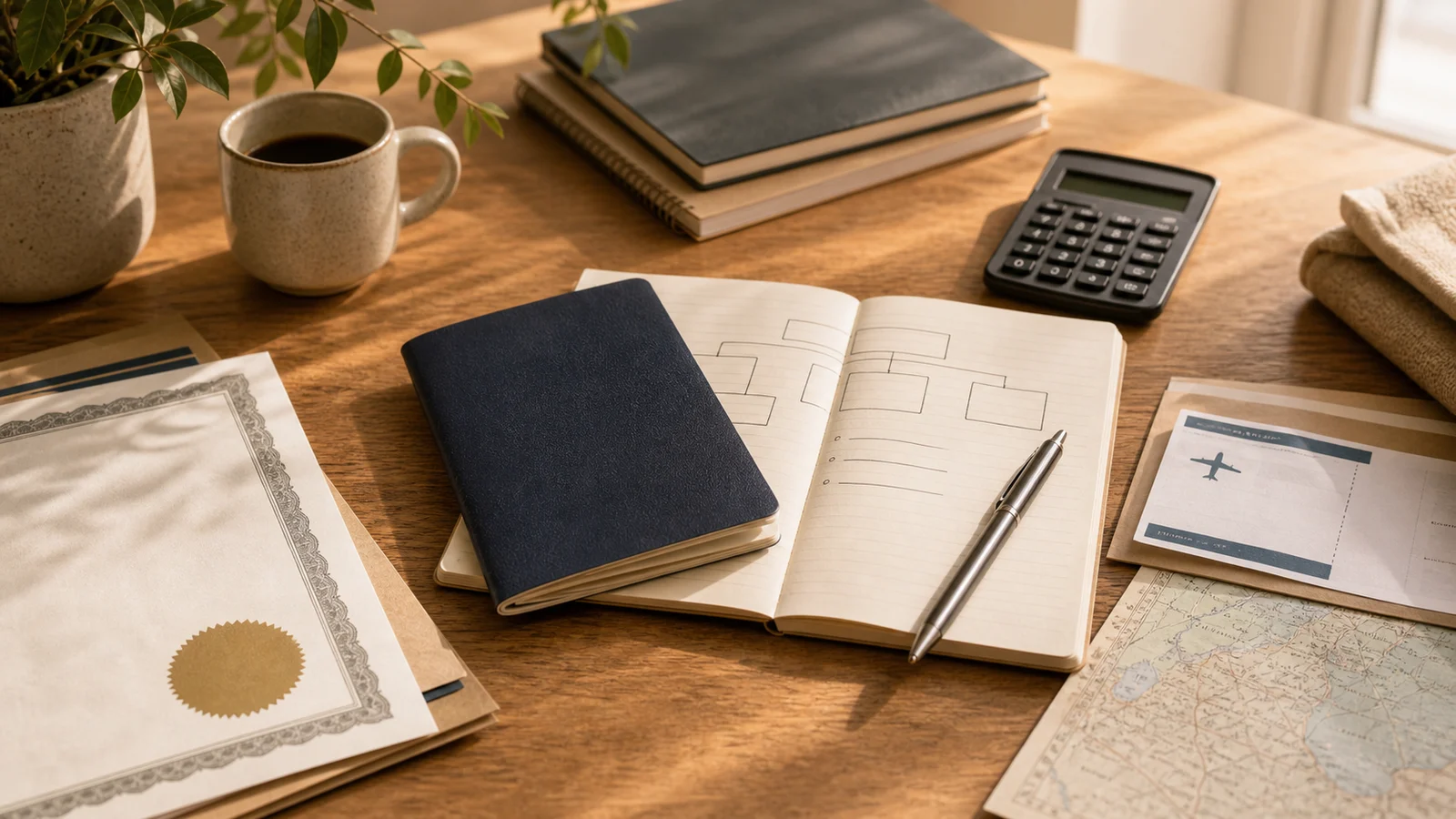 Sunlit desk with route-planning notes, a blank certificate edge, calculator, and navy passport-style booklet.