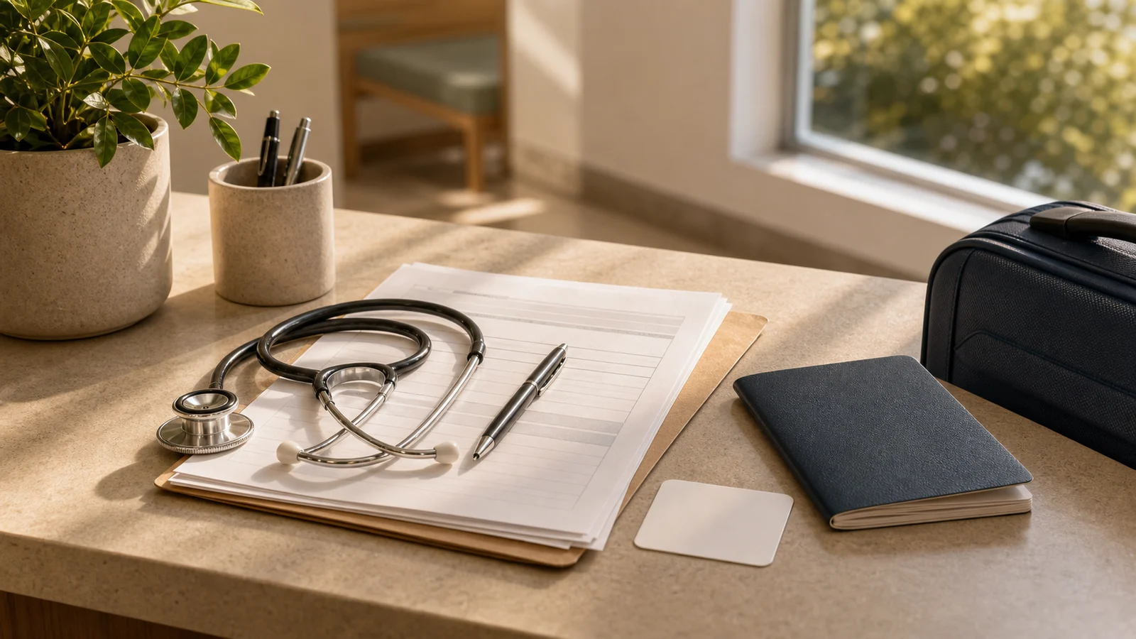 Sunlit clinic desk with a stethoscope, blank private health-cover card, suitcase edge, and blue passport-style booklet.