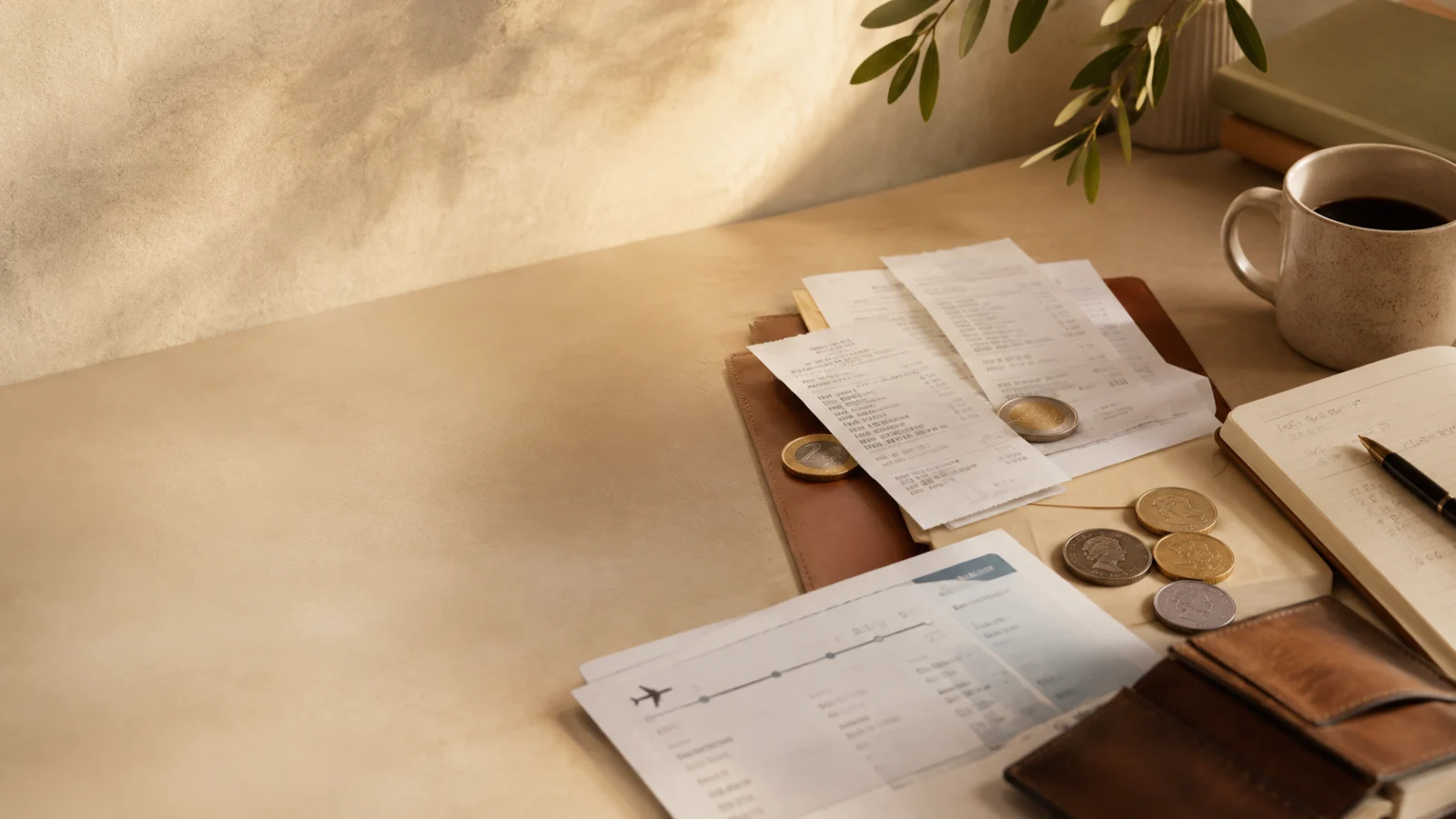 Editorial cover image showing receipts, coins, and moving-budget paperwork on a sunlit desk.