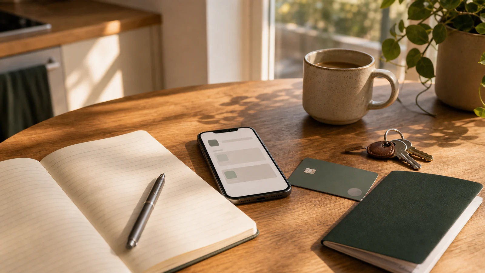 Apartment table with a phone, keys, notebook, bank card, and green travel document.