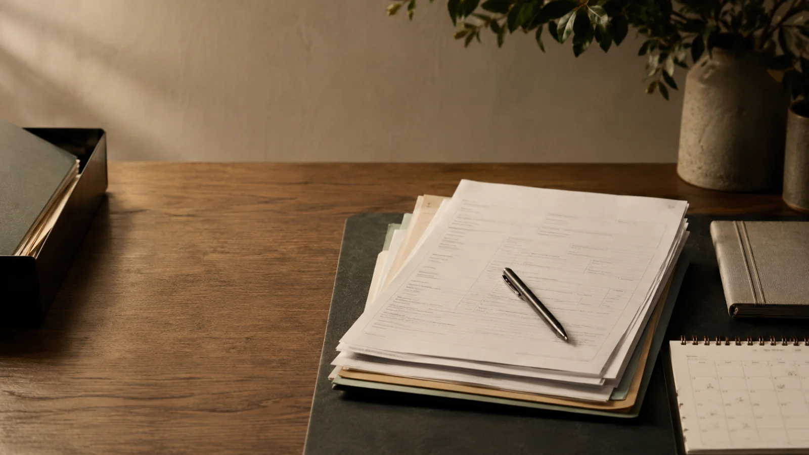 Editorial cover image showing organised forms, a notebook, and a pen for address-history admin.