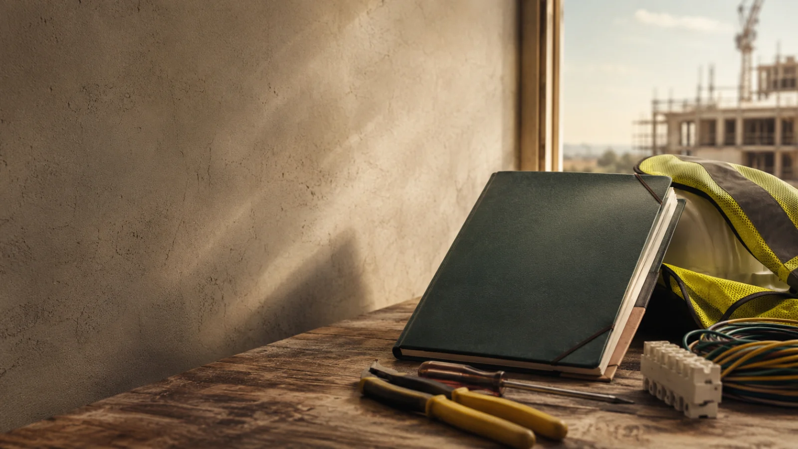Editorial cover image showing electrician tools, a notebook, and site gear in warm construction light.