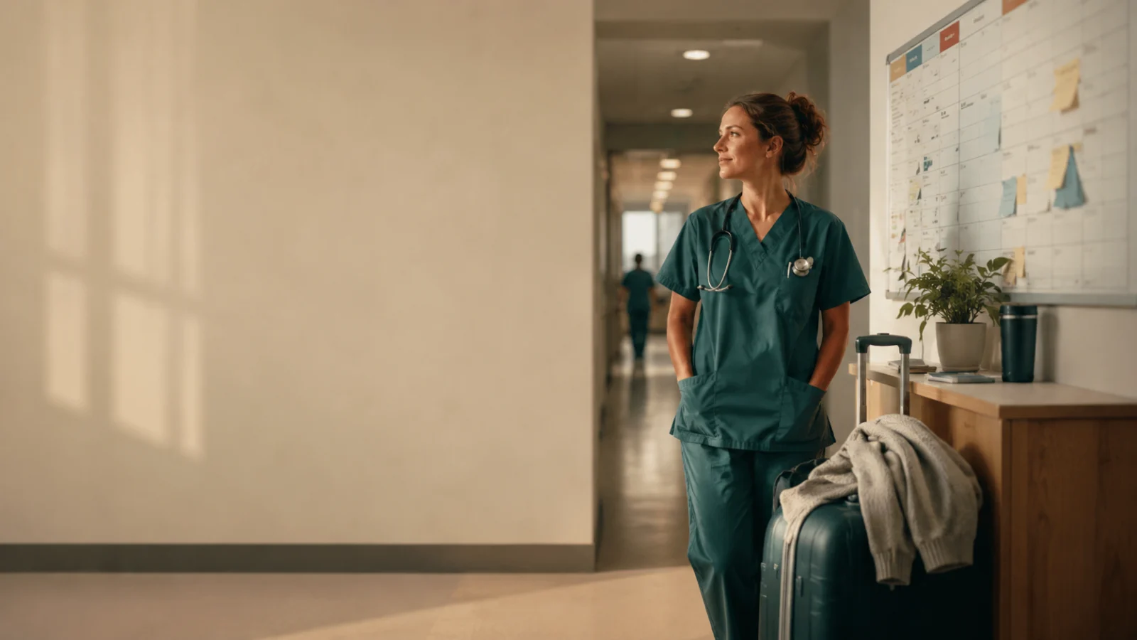 Editorial cover image showing a nurse with luggage in a quiet hospital corridor.