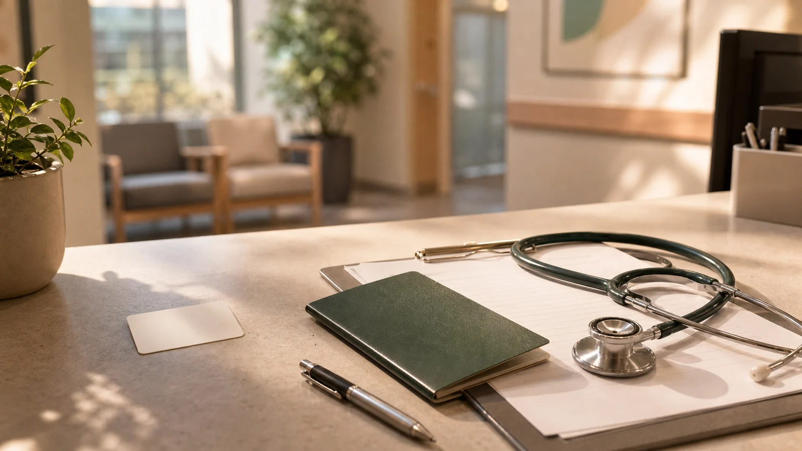 Clinic desk with a stethoscope, blank health paperwork, and a green passport-style booklet.