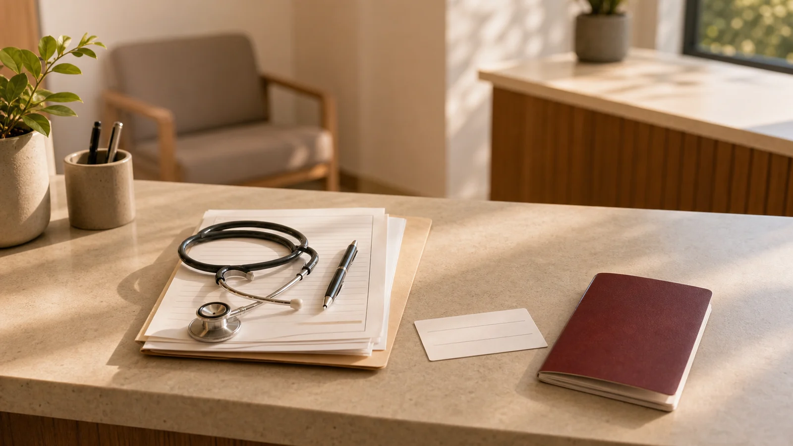 Clean clinic desk with a stethoscope, blank health paperwork, and a burgundy passport-style booklet.