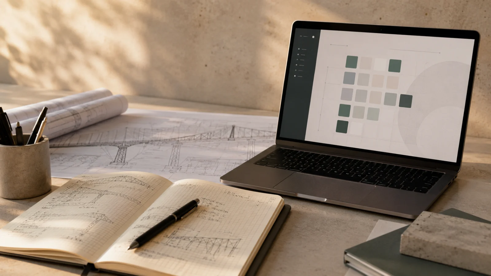 Editorial cover image showing engineering notes and an abstract points grid on a laptop.