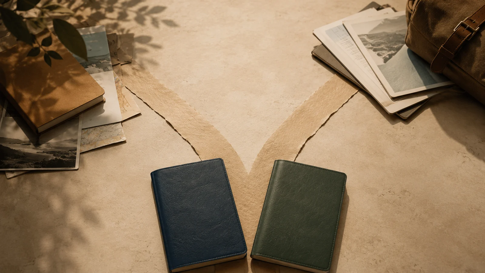 Editorial cover image showing two plain passport covers and travel documents on a warm desk.