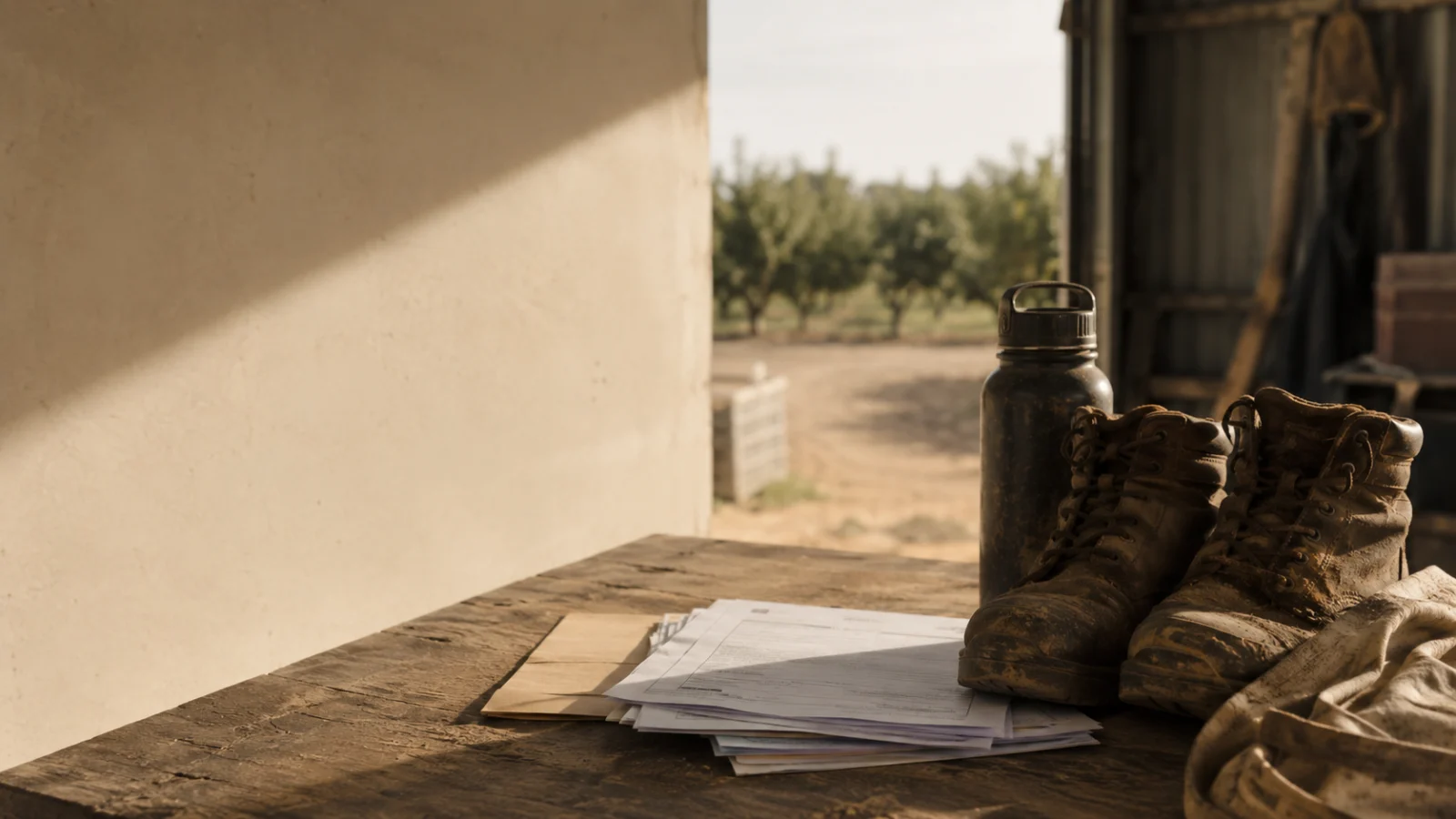 Editorial cover image showing dusty work boots beside regional work paperwork at an Australian farm site.