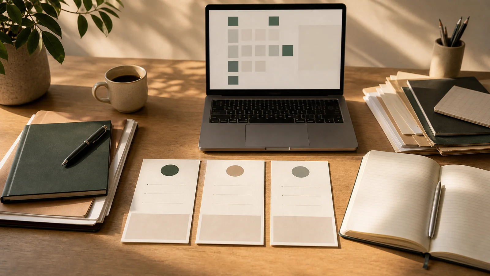 Warm desk with a laptop, three planning cards, folders, and a green passport-style booklet.