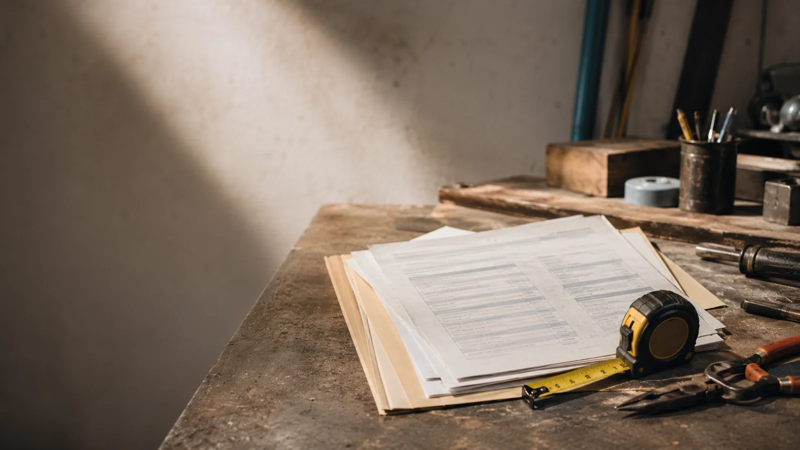 Editorial cover image showing trade assessment paperwork and measuring tools on a workshop desk.