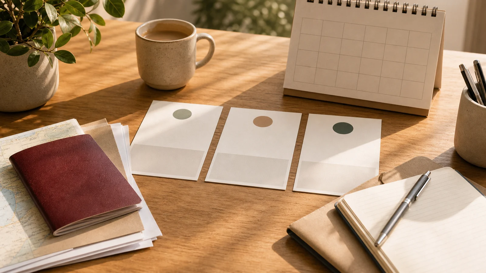 Warm desk with three blank travel-year cards, a calendar, pen, and burgundy passport-style booklet.