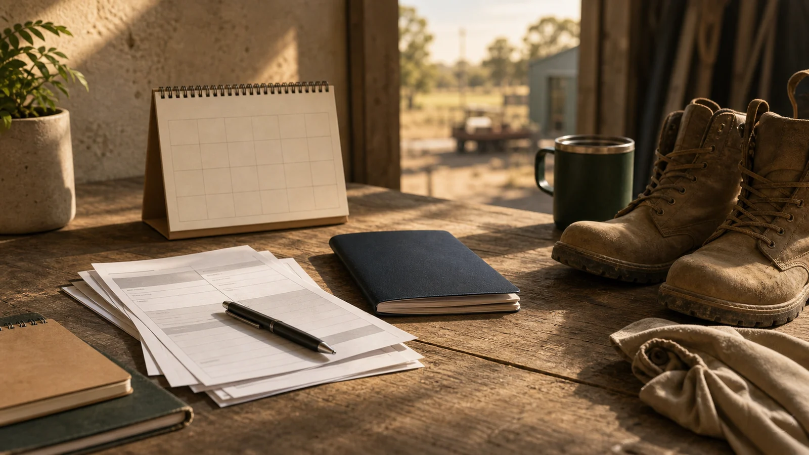 Regional workbench with clean work boots, blank evidence papers, calendar, and blue passport-style booklet.