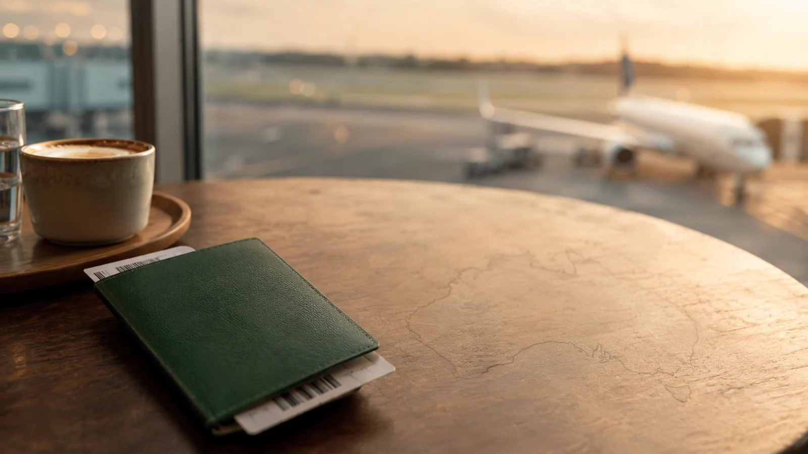 Editorial cover image showing a green passport notebook and travel paperwork on an airport table at sunset.