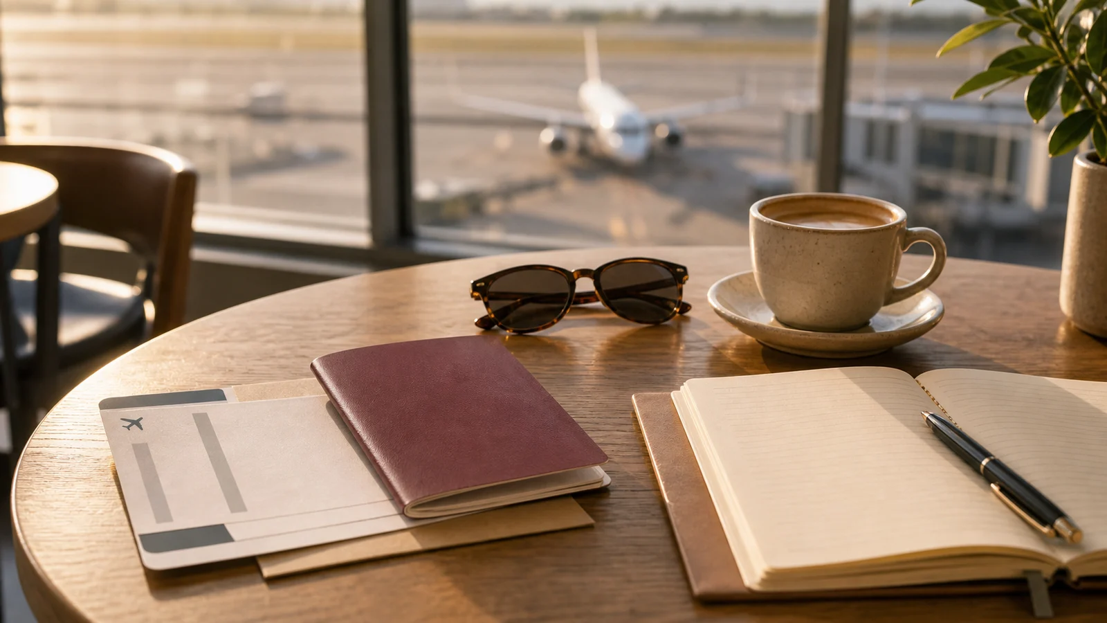 Airport cafe table with a burgundy passport-style booklet, blank boarding pass, sunglasses, and travel notebook.