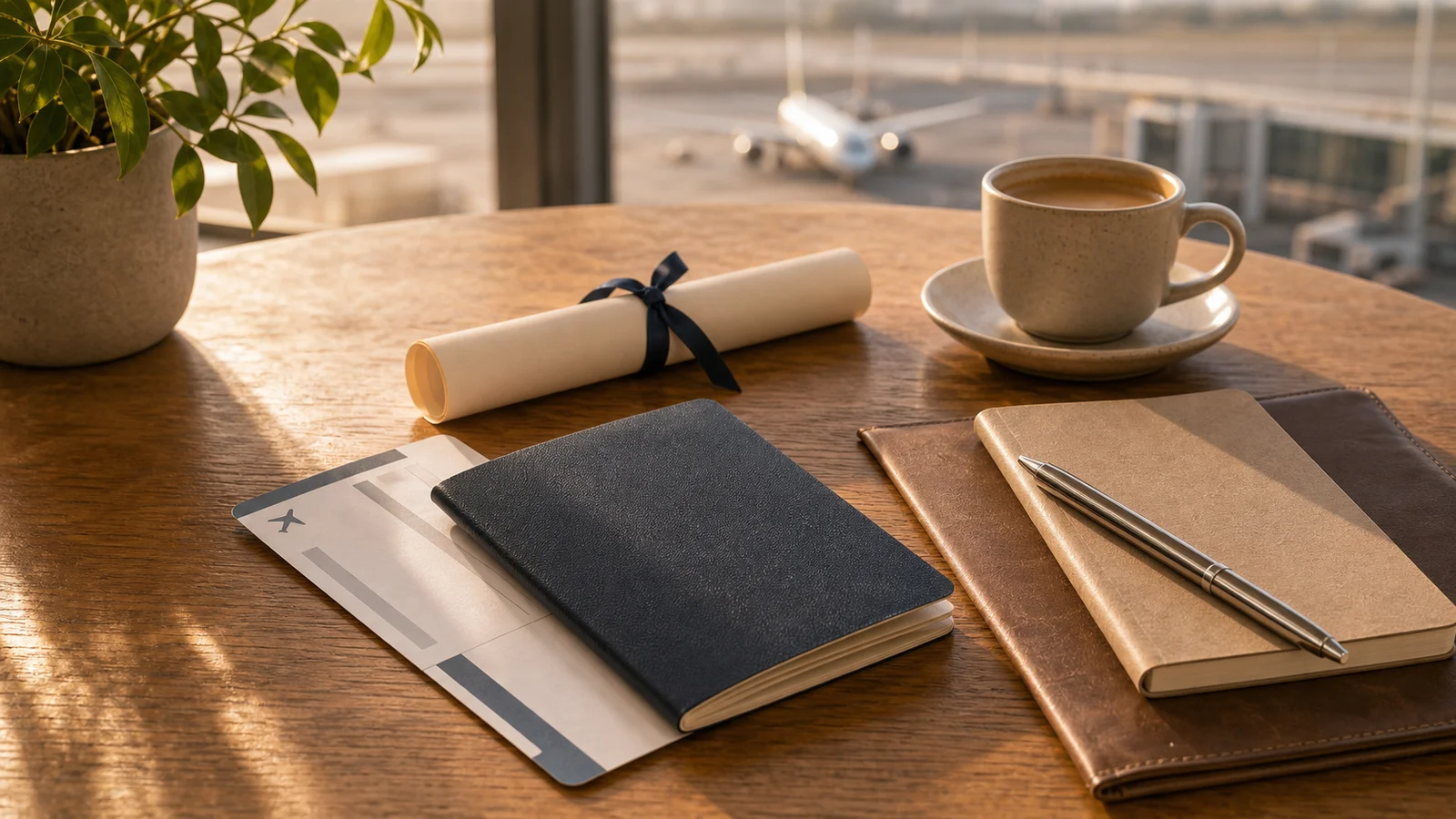 Airport cafe table with a navy passport-style booklet, blank boarding pass, rolled certificate, and travel notebook.